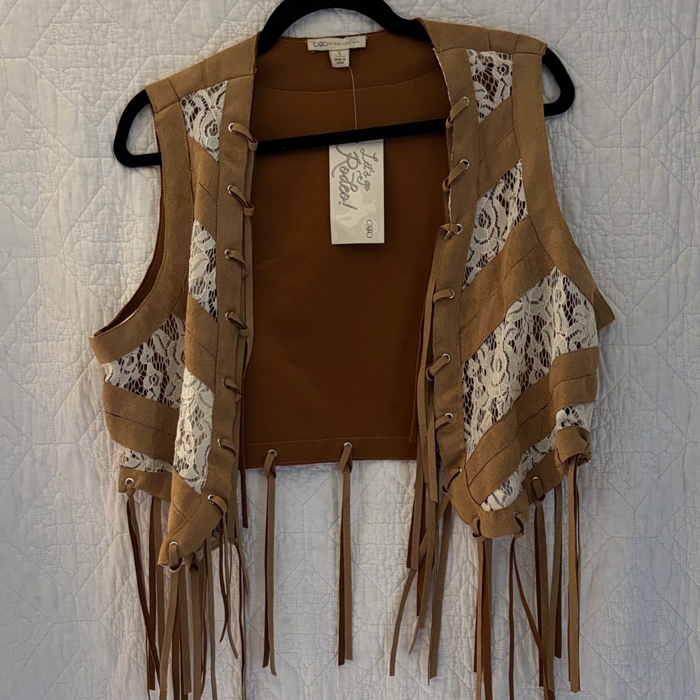 Brown and White Lace Fringe Vest
